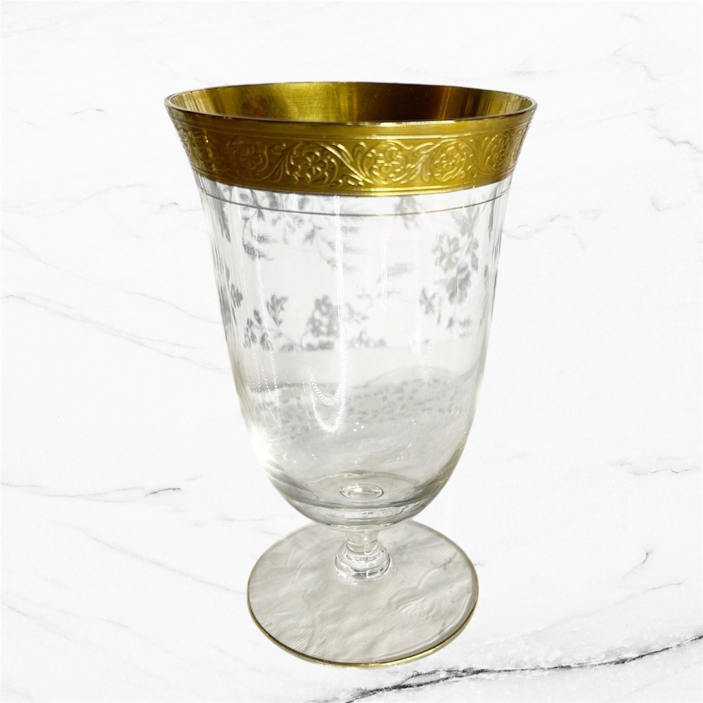 Glastonbury-Lotus Minton 36 Iced Tea Glass Vintage Etched Gold Trim Victoriana
